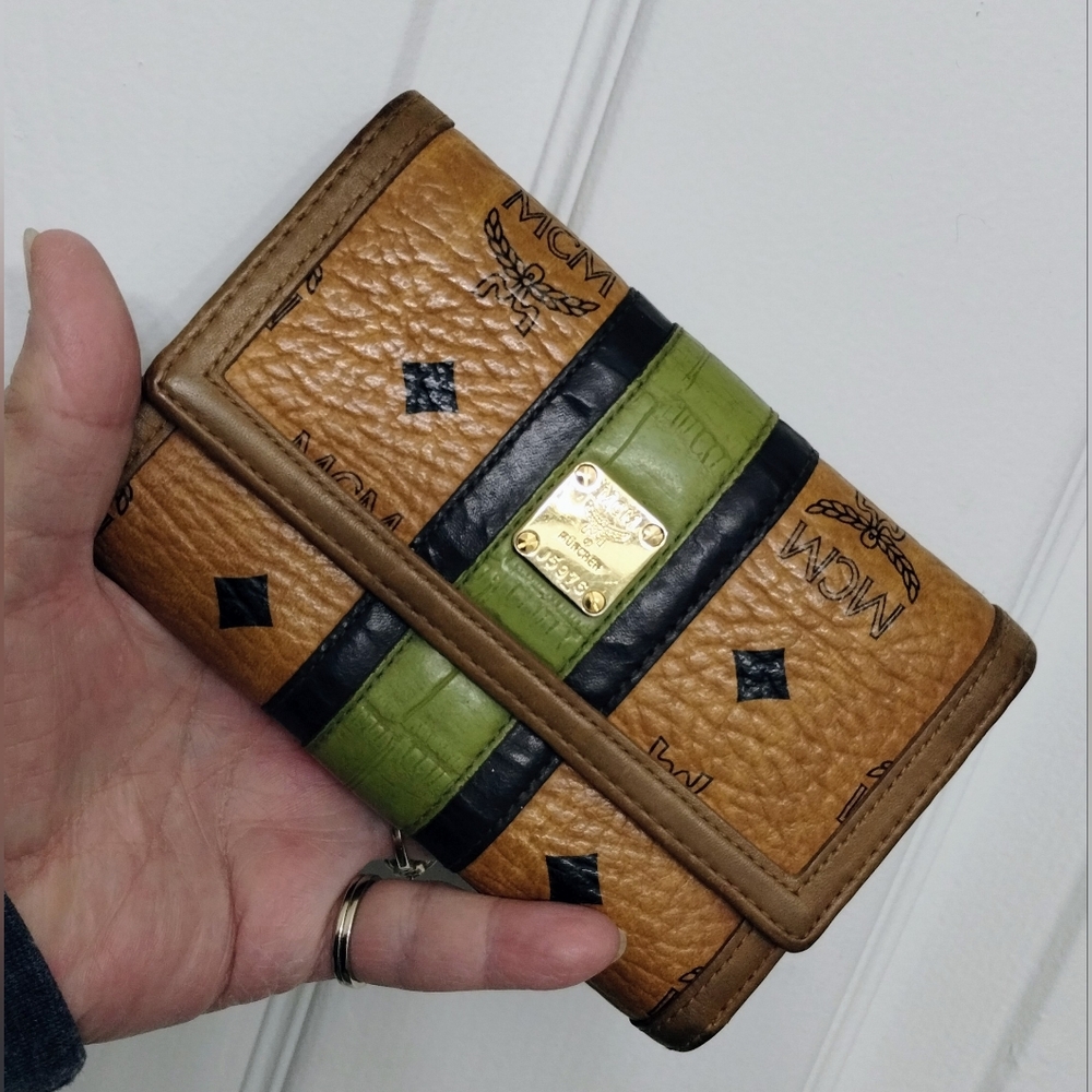 MCM Tan, Black & Green Trifold Leather Wallet - Picture 11 of 11